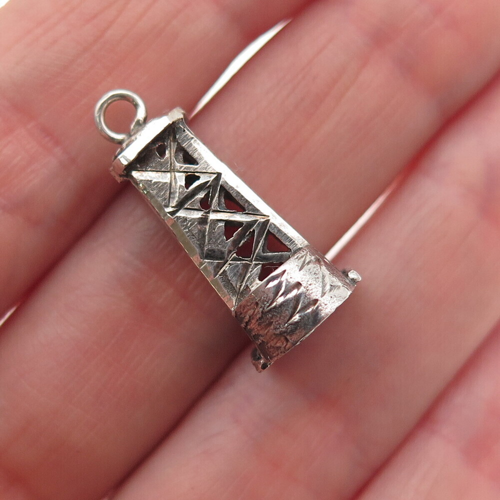 925 Sterling Silver Vintage Oil Derrick Oxidized 3D Charm Pendant